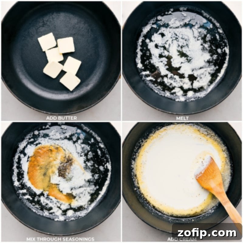 Process shots showing butter melting in a pot, followed by seasonings and heavy cream being stirred in to create the Alfredo sauce base.