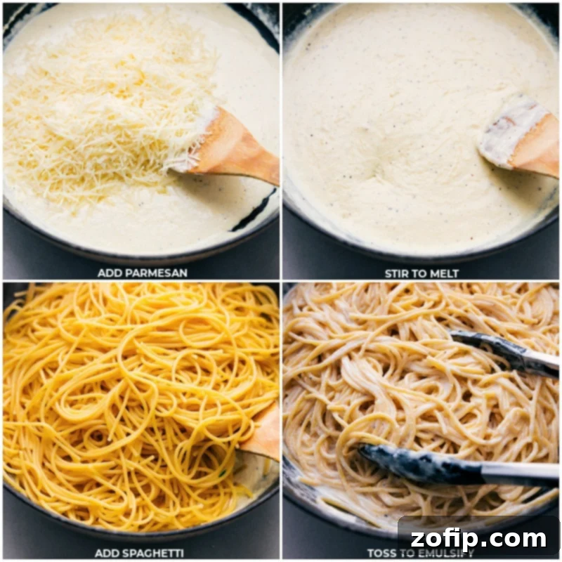 Process shots demonstrating Parmesan cheese being stirred into the thickened cream sauce, followed by cooked spaghetti being added to the sauce in a large pot.