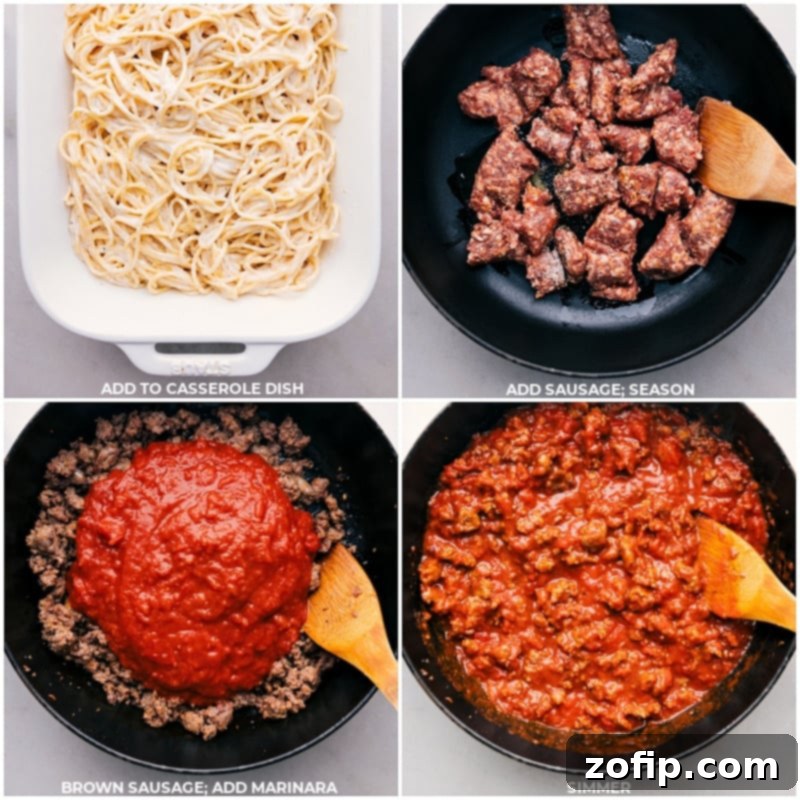 Process shots showing Italian sausage browning in a pan, followed by marinara sauce being added to the cooked sausage and stirred together.