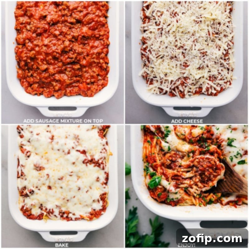 Process shots of TikTok Spaghetti casserole, showing the layering of sausage marinara over Alfredo spaghetti, topped with cheese, and the final baked dish with melted cheese.