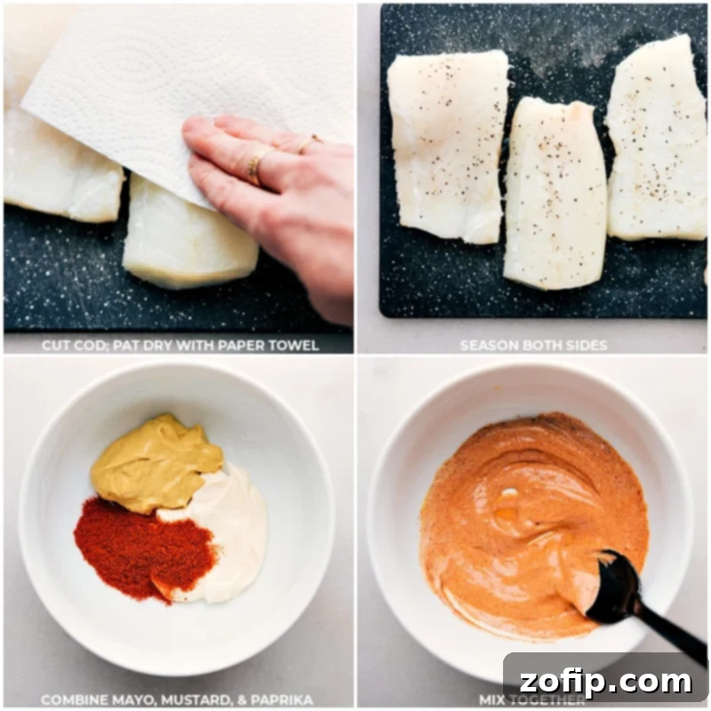 Two process shots showing the preparation of baked cod: one image shows fresh cod fillets being patted dry with paper towels, and the other shows a bowl with mayonnaise, Dijon mustard, and paprika being whisked together.