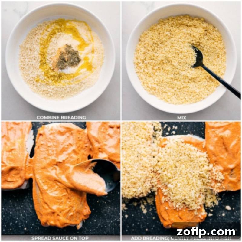 Four process shots showing the assembly of the best baked cod: preparing the breading mixture, spreading the mayo-mustard sauce on cod, coating cod with the panko-Parmesan mixture, and placing the breaded cod into a hot skillet.