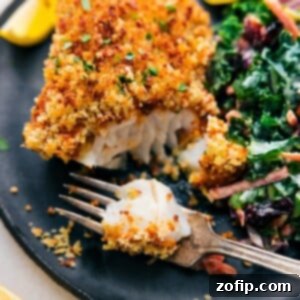 Appetizing image of the final Baked Cod dish, golden brown and flaky.