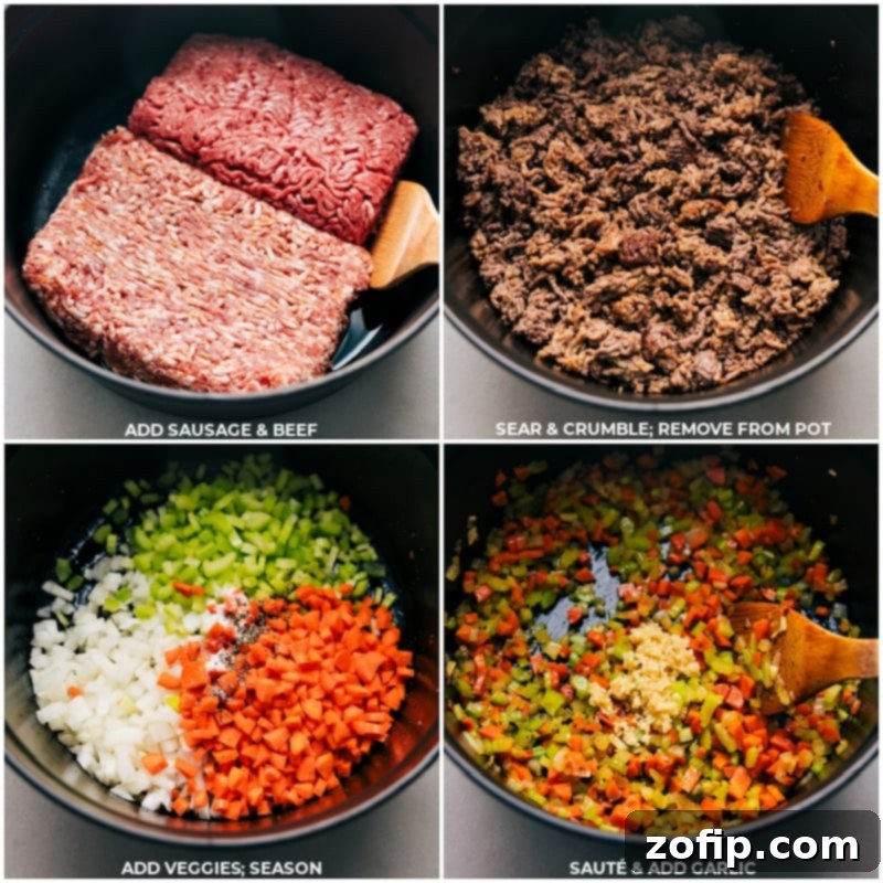 Browning meat and sautéing vegetables for Lasagna preparation.