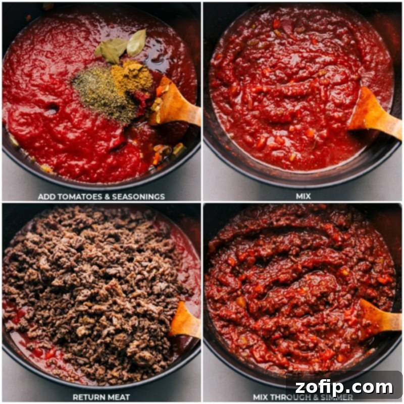 Tomato sauce and seasoning simmering in a pot, followed by the addition of meat sauce.