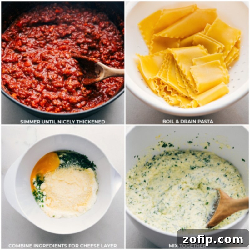 Easy Lasagna recipe step: Cooking and draining noodles, then preparing cheese sauce.