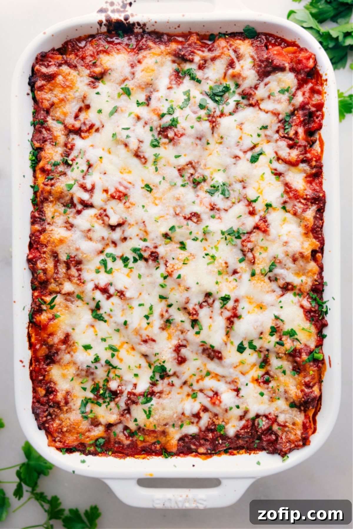 Completed Lasagna in a 9x13 dish, ready to be enjoyed.