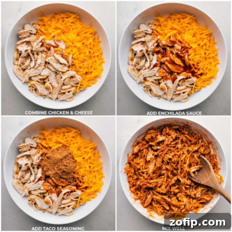 Shredded chicken being mixed with taco seasoning, enchilada sauce, and cheddar cheese in a bowl