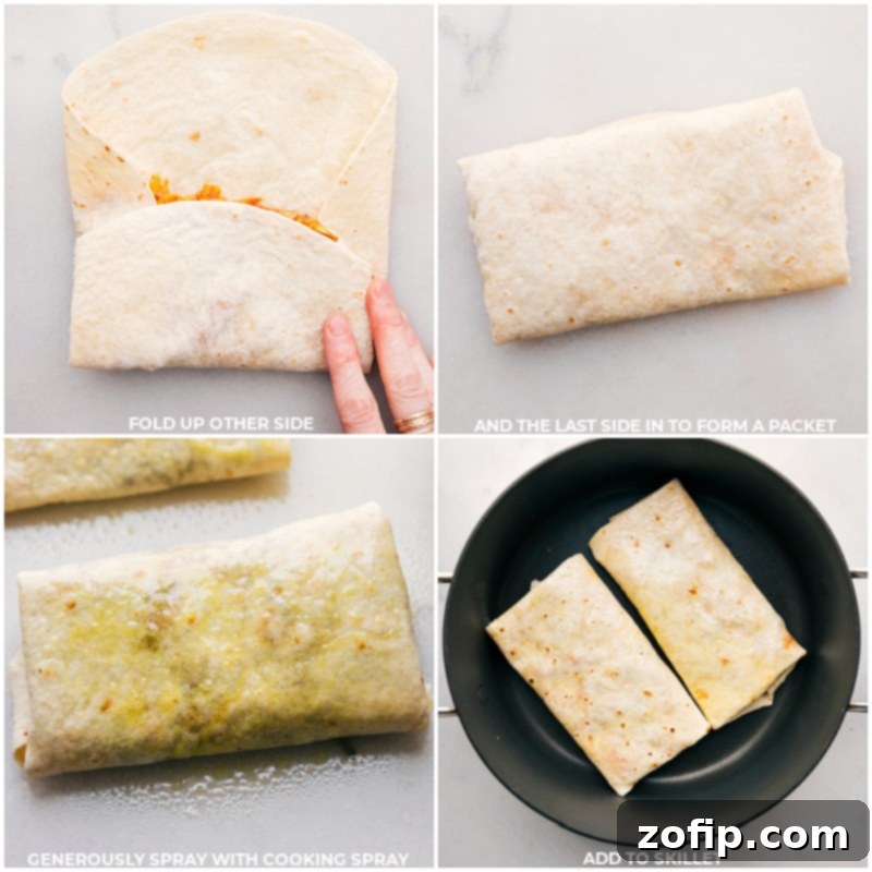 Crispy chicken wraps browning in a non-stick skillet on the stovetop