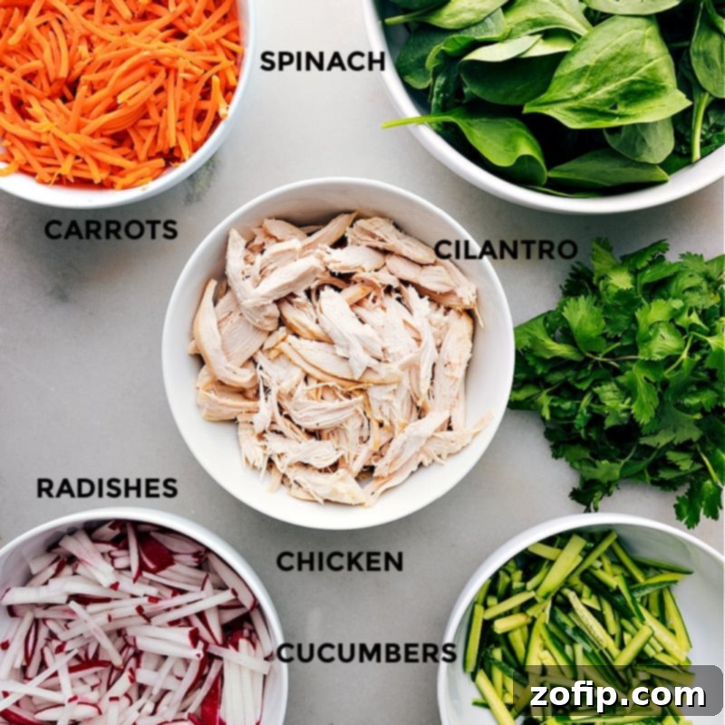 A vibrant flat lay of all the fresh ingredients for Thai Chicken Wraps, neatly prepped and arranged. Shredded chicken, matchstick carrots, sliced radishes, English cucumber, fresh spinach, flour tortillas, avocado, cilantro, and the two-ingredient sauce are displayed, highlighting the colorful and healthy components for easy assembly.