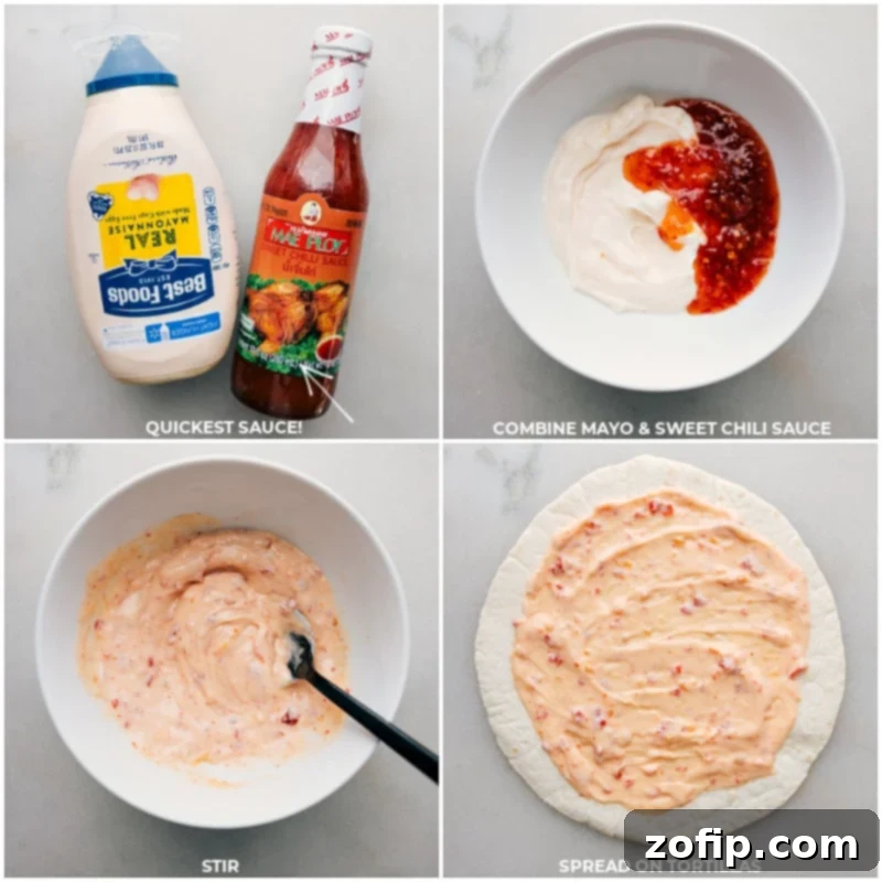 A tortilla generously spread with the creamy two-ingredient mayo and sweet chili sauce, preparing for assembly of the Thai Chicken Wraps.