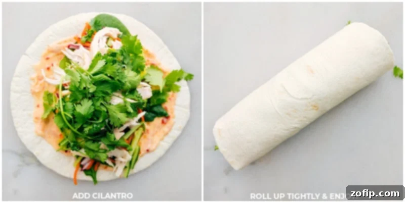 Hands carefully wrapping a tortilla tightly, showcasing the technique for creating a secure Thai Chicken Wrap.