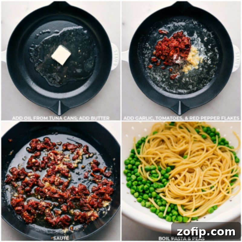 Sautéing Aromatics for Tuna Pasta A step-by-step image showing a large skillet on a stove top, where garlic, sun-dried tomatoes, and red pepper flakes are being sautéed in a golden mixture of olive oil and melted butter. In the background, a pot of spaghetti and peas is boiling, indicating the initial cooking phase.