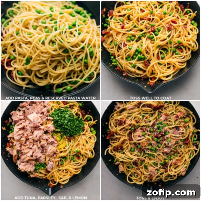 Combining Ingredients for Healthy Tuna Pasta A large sauté pan on the stove, filled with cooked spaghetti and peas being tossed with reserved pasta water. Beside it, a fork is adding olive oil-packed tuna, fresh parsley, and lemon zest, ready for the final seasoning to create a complete healthy tuna pasta dish.