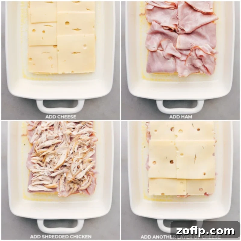 You get sweet Hawaiian rolls filled with savory ham, gooey Swiss cheese and juicy chicken, jazzed up with a tangy-sweet honey mustard sauce and garlicky butter – they're seriously delicious! Recipe via chelseasmessyapron #dinner #quick #easy #simple #familyfriendly #kidfriendly #onepan #appetizer #chickencordonbleu #sliders Process shots of Chicken Cordon Bleu Sliders-- images of the cheese, ham, shredded chicken, and more cheese being layered in a pan on top of Hawaiian rolls.