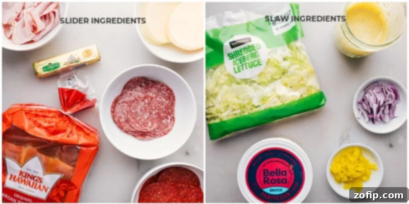 A vibrant flat lay of all the fresh ingredients for Grinder Sliders, including sweet Hawaiian rolls, salami, pepperoni, ham, Provolone cheese, and a colorful assortment of vegetables for the slaw and dressing.