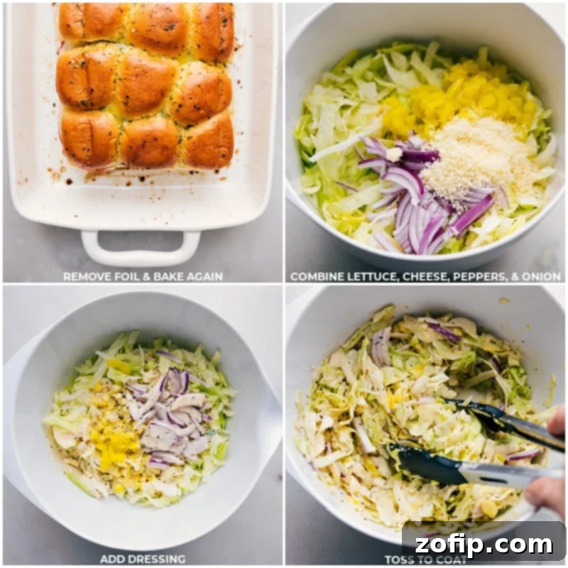 Freshly shredded iceberg lettuce, thinly sliced red onions, vibrant banana peppers, and grated Parmesan cheese being tossed with the creamy, tangy dressing in a large mixing bowl, creating the perfect slaw.