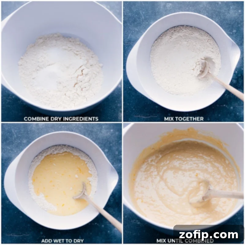Follow these simple steps to make the best Iced Lemon Bread. Images show the stages of mixing dry and wet ingredients for a supremely moist and flavorful loaf. Process shots of Lemon Bread showing dry ingredients and wet ingredients being mixed, demonstrating the ease of preparation.