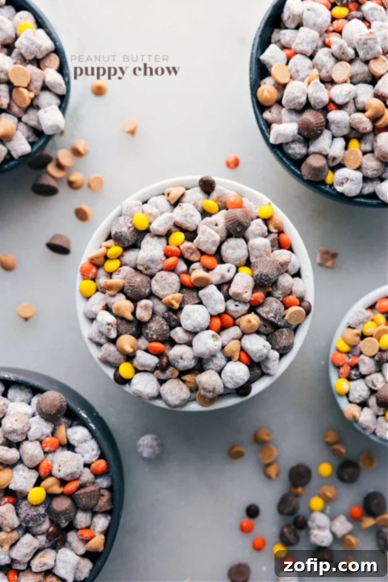 Irresistible Peanut Butter Puppy Chow: A perfect blend of peanut buttery cereal, melted chocolate, and powdered sugar, with Reese's minis and peanut butter chips. Easy, no-bake, and addictively delicious! Overhead image of a large bowl filled with Peanut Butter Puppy Chow, garnished with Reese's minis and peanut butter chips.