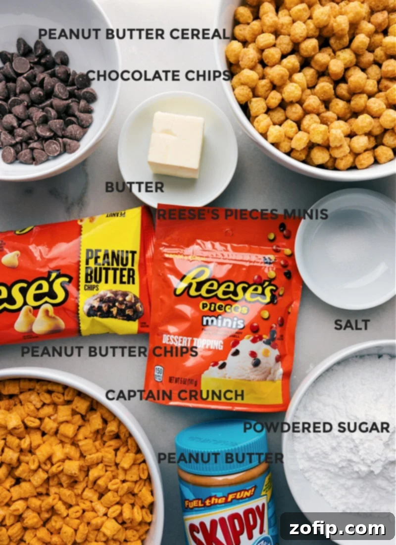 All the key ingredients for our Peanut Butter Puppy Chow: crunchy cereals, creamy peanut butter, melty chocolate, and the essential powdered sugar, plus decadent Reese's mix-ins. An array of ingredients for Peanut Butter Puppy Chow laid out, including cereals, peanut butter, chocolate chips, butter, powdered sugar, and various Reese's candies.