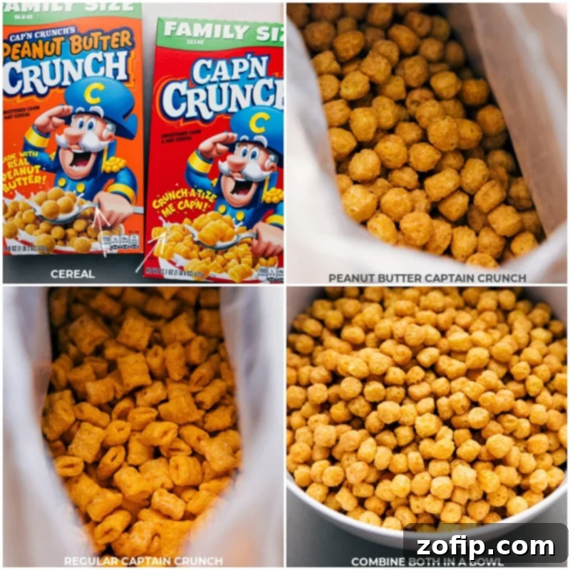 Combining the crunchy cereals in a bowl, the first step to creating our insanely tasty and utterly irresistible Peanut Butter Puppy Chow snack mix. Process images showing how the two types of Captain Crunch cereals are combined in a large mixing bowl, ready for the coating.