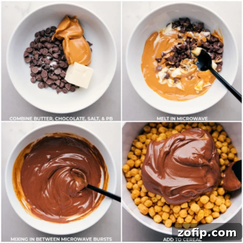 The delectable chocolate and peanut butter coating is poured over the cereal, ready to create our rich and crunchy snack mix of the century. Process images showing the melted chocolate, peanut butter, and butter mixture being poured over the cereal in a large bowl, ready for mixing.