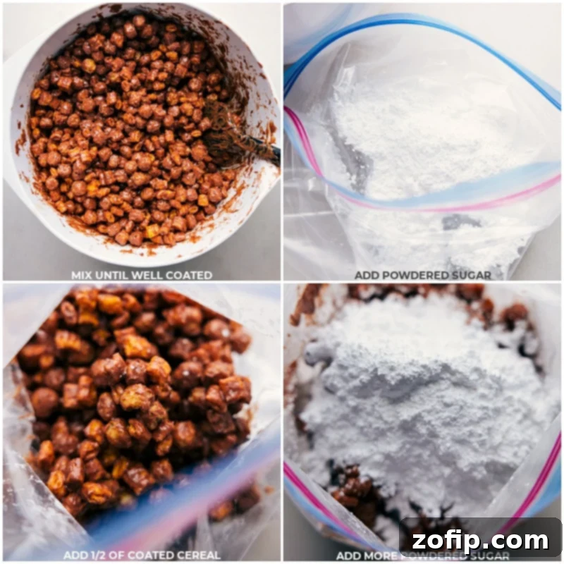 The chocolate-coated cereal is carefully transferred into a bag with powdered sugar, a crucial step for achieving that classic, perfectly coated Peanut Butter Puppy Chow finish. Process images showing the chocolate-coated cereal being transferred into a large resealable bag with powdered sugar, ready for shaking.