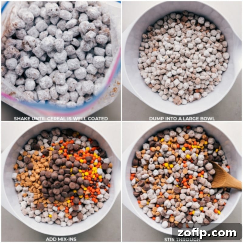 Adding the final touches: Reese's minis and peanut butter chips are tossed into the perfectly coated Peanut Butter Puppy Chow for an extra layer of irresistible flavor and crunch. Process images showing optional mix-ins like Reese's minis and peanut butter chips being added to the powdered sugar-coated cereal and gently tossed together.