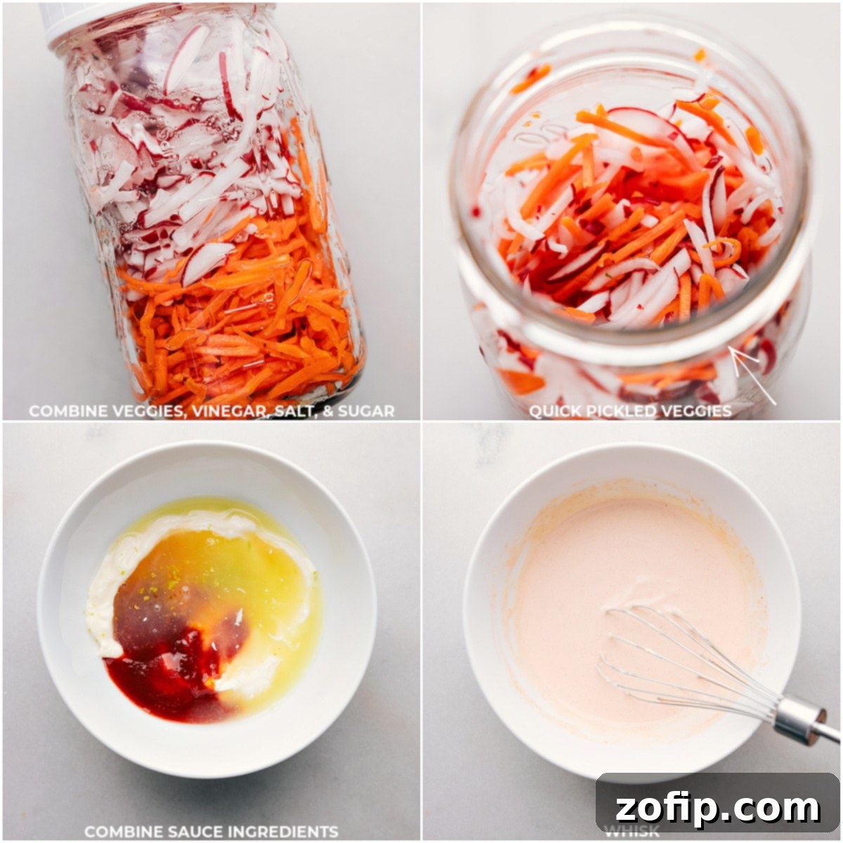 Pickling vegetables and preparing savory slider sauce Vegetables, vinegar, salt, and sugar combined in a Mason jar for pickling, alongside sauce ingredients being whisked together.