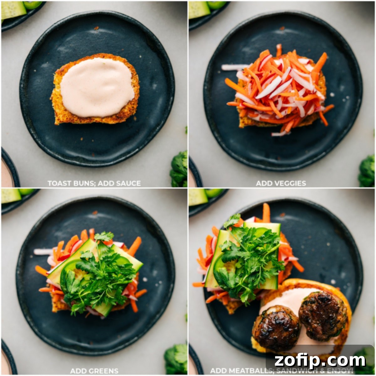 Assembling the ultimate Banh Mi Meatball on toasted buns Toasted buns being layered with pickled veggies, tangy sauce, and topped with a succulent meatball banh mi for the final assembly.