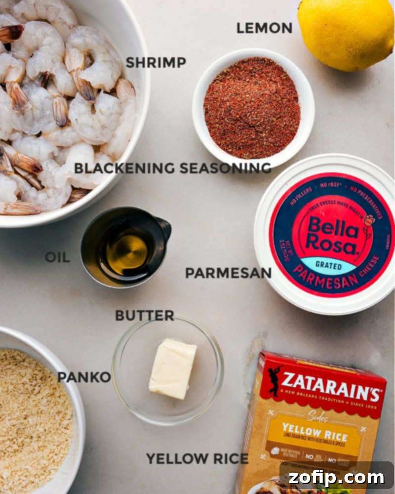 Ingredient shot: all the fresh components needed for the Blackened Shrimp recipe, including shrimp, corn, tomatoes, rice mix, and avocado.