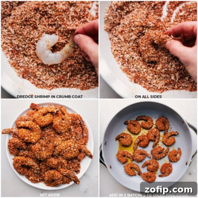 Process shots: showing how to dredge shrimp in breadcrumbs and cook them in a hot pan in two batches.