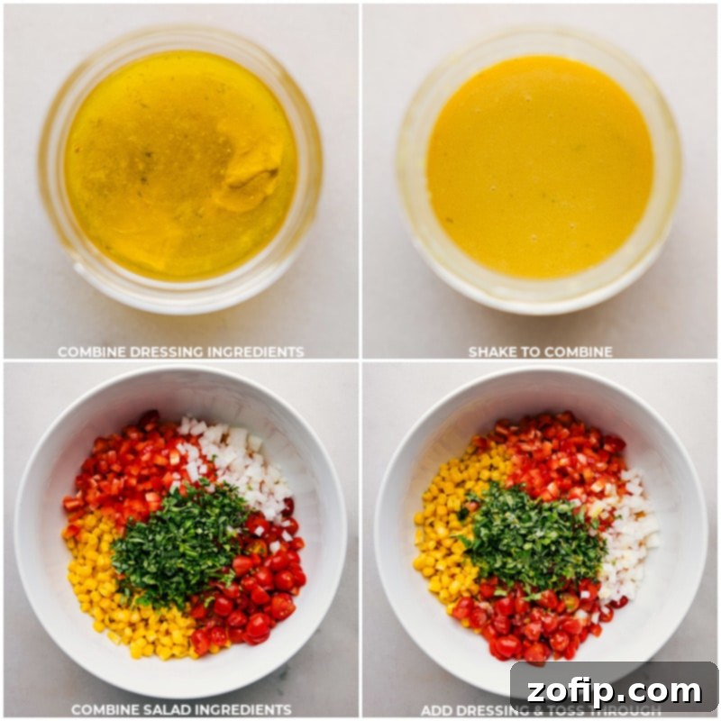 Three process shots showing how to make the Corn and Tomato Salad: combining dressing ingredients, mixing salad components in a bowl, and tossing everything together with the dressing.