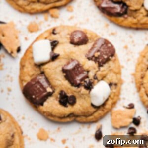 Ultimate Smores Cookies 7 A plate of perfectly baked S'mores cookies, some with visible melty marshmallow and chocolate.