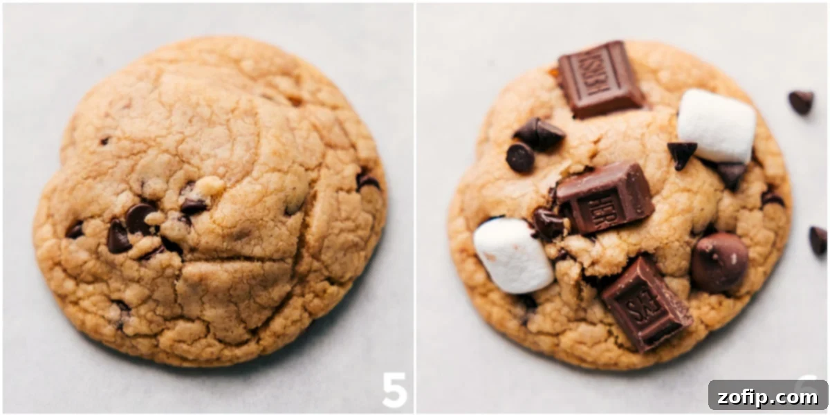 Ultimate Smores Cookies 6 Freshly baked S'mores cookies cooling on a wire rack, with some topped with extra chocolate and marshmallows.