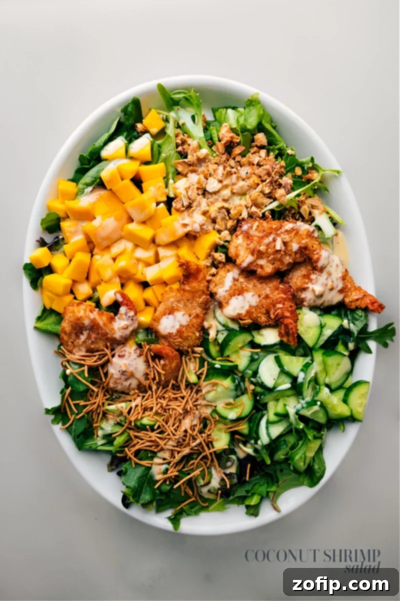 Tropical Coconut Shrimp Salad: Crispy shrimp, sweet mango, and a zesty orange-honey dressing over fresh greens and crunchy toppings. A quick, easy, and delicious summer meal idea! Overhead view of a vibrant Coconut Shrimp Salad, featuring crispy golden shrimp, diced mango, cucumbers, and a zesty orange dressing on fresh greens.