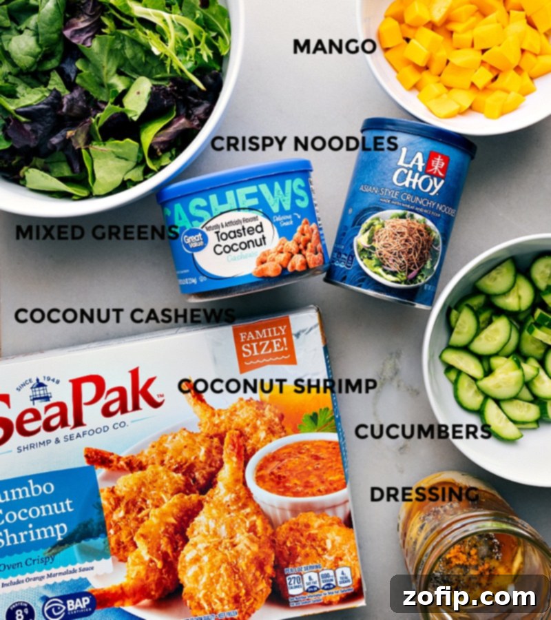 Coconut Shrimp Salad Ingredients: The delicious elements that make this tropical salad easy to make and bursting with flavor. A flat lay photograph showcasing all the fresh, colorful ingredients required for Coconut Shrimp Salad, including crispy shrimp, diced mango, cucumbers, greens, and dressing.