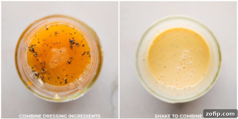 Making the Orange-Honey Dressing: Essential steps for creating the zesty vinaigrette for Coconut Shrimp Salad. Three process shots showing how to prepare the orange-honey dressing: zesting clementines, juicing them, and shaking all ingredients in a mason jar.