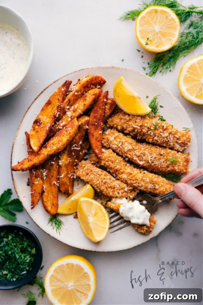 Delicious and healthy oven-baked fish and chips with crispy potato wedges and golden-brown cod. Overhead image of the Baked Fish and Chips ready to eat, served with tartar sauce and lemon wedges