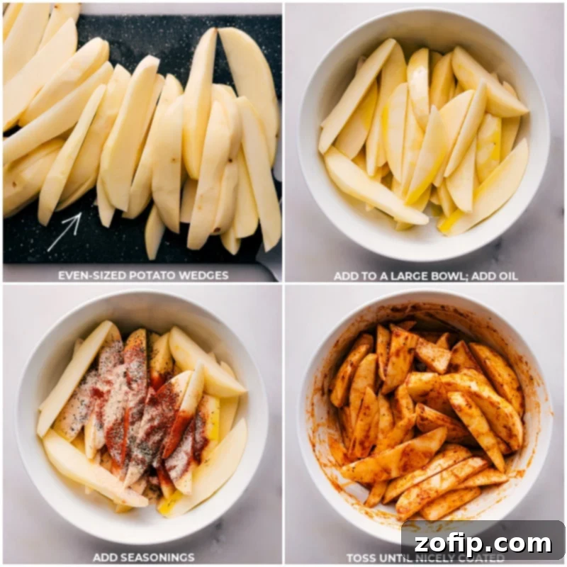 Preparing crispy potato wedges for baking: cutting, seasoning, and tossing. Process shots: Potatoes being cut into wedges, seasoned with spices, and tossed together in a bowl.