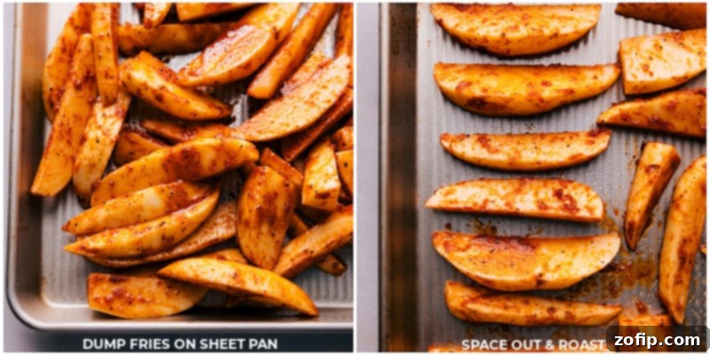 Golden-brown and perfectly crispy oven-baked potato wedges. Process shots of baked fish and chips: oven-baked potato wedges browning on a sheet pan.