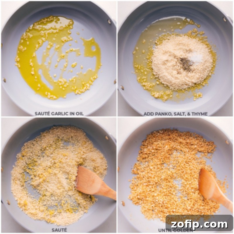 Toasting panko breadcrumbs for an extra crispy fish coating. Process shots: Panko breadcrumbs being toasted in a pan until golden brown and aromatic.