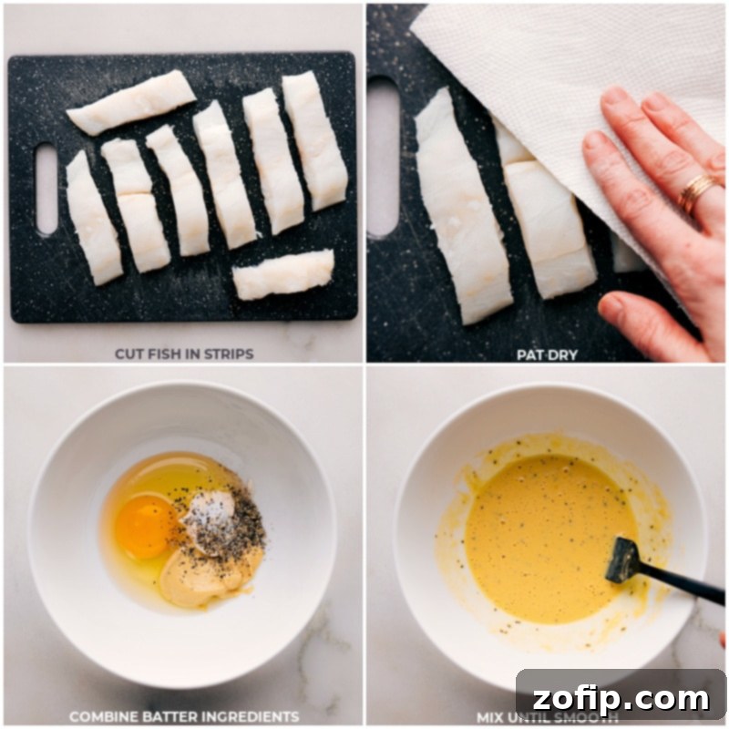 Preparing cod strips and the flavorful egg dredge for breading. Process shots of Baked Fish and Chips: fish being cut into strips and the egg wash (dredge) being mixed.