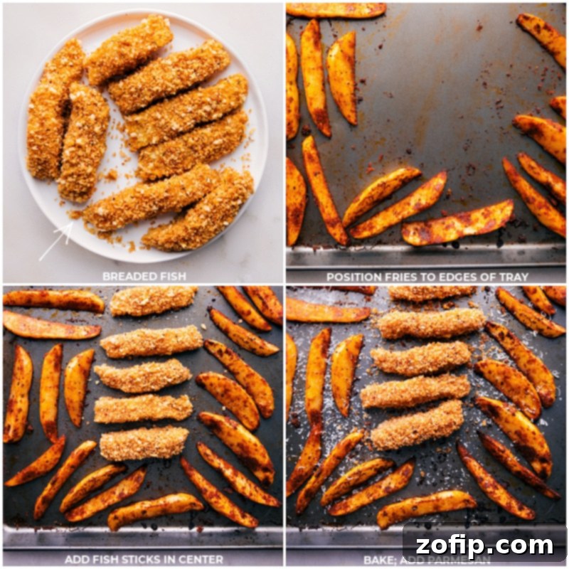 Assembling the one-pan baked fish and chips for final baking. Process shots: Breaded fish being placed on the sheet pan alongside the partially baked potato wedges, all ready to be baked together.
