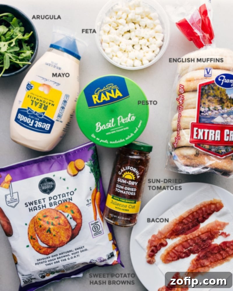 A vibrant display of fresh ingredients prepped for easy assembly of the English Muffin Sandwich, including crisp arugula, crumbled feta, rich mayonnaise, fragrant pesto, juicy sun-dried tomatoes, toasted English muffin halves, golden sweet potato hash browns, and perfectly cooked bacon