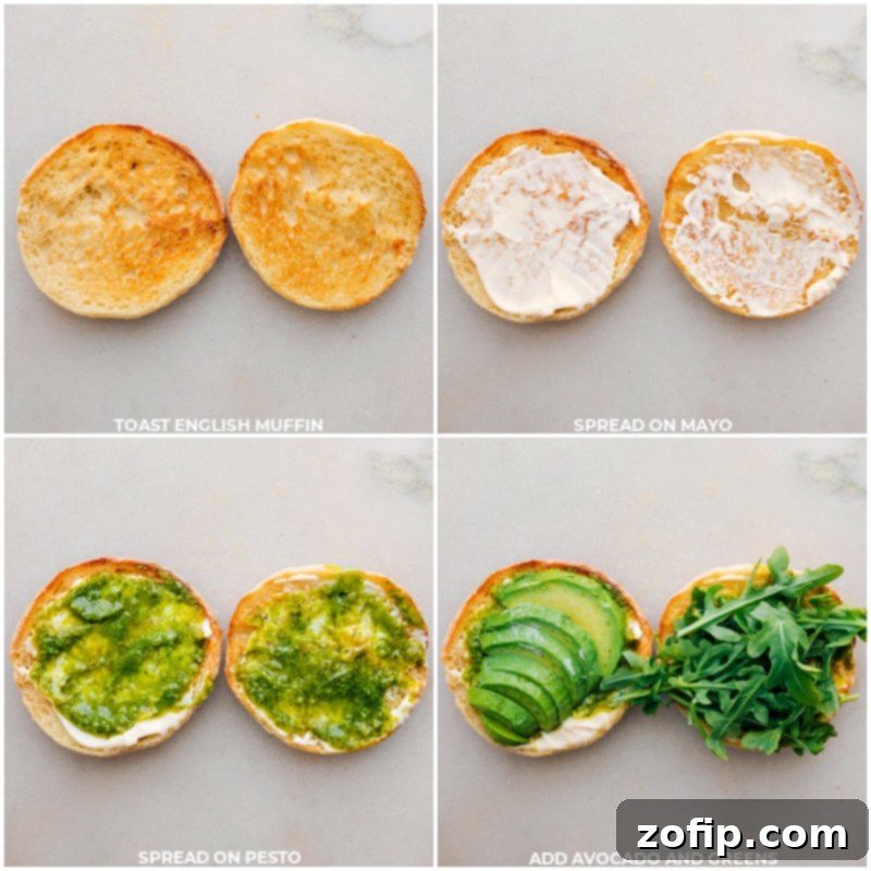 A visual guide showing the assembly process of the English Muffin Sandwich: first, English muffins being toasted, then generous spreads of mayo and pesto applied, followed by fresh avocado slices and greens being layered onto the muffin halves