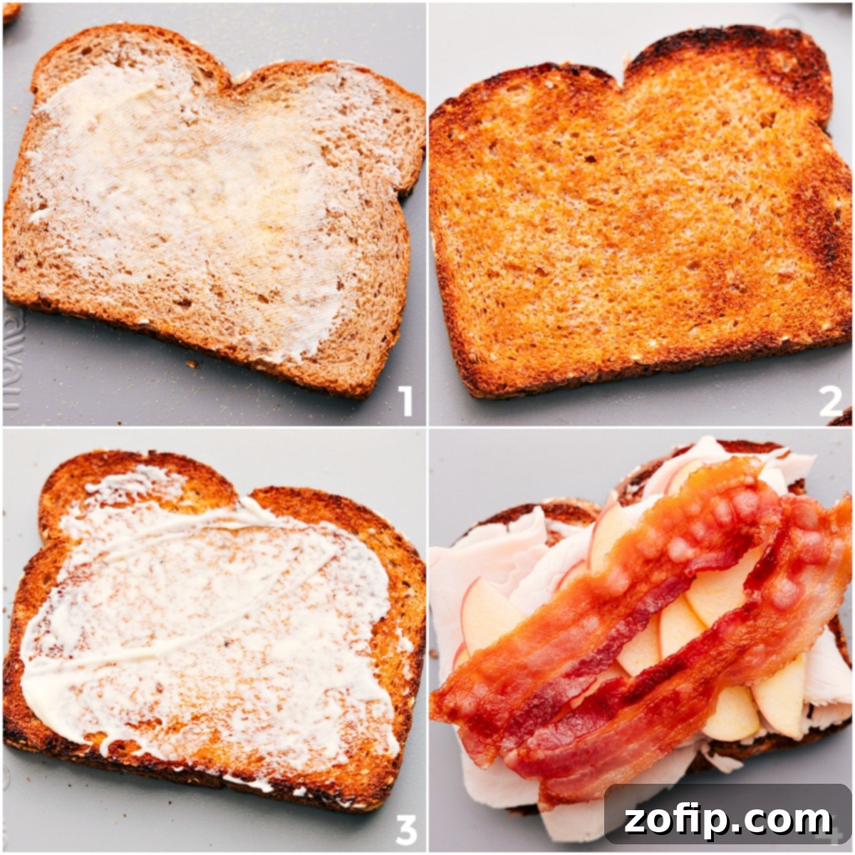 Step-by-step assembly of the turkey sandwich: butter and garlic powder on bread, then broiled, followed by layers of mayo, turkey, apples, and bacon, ready for melting the cheese.