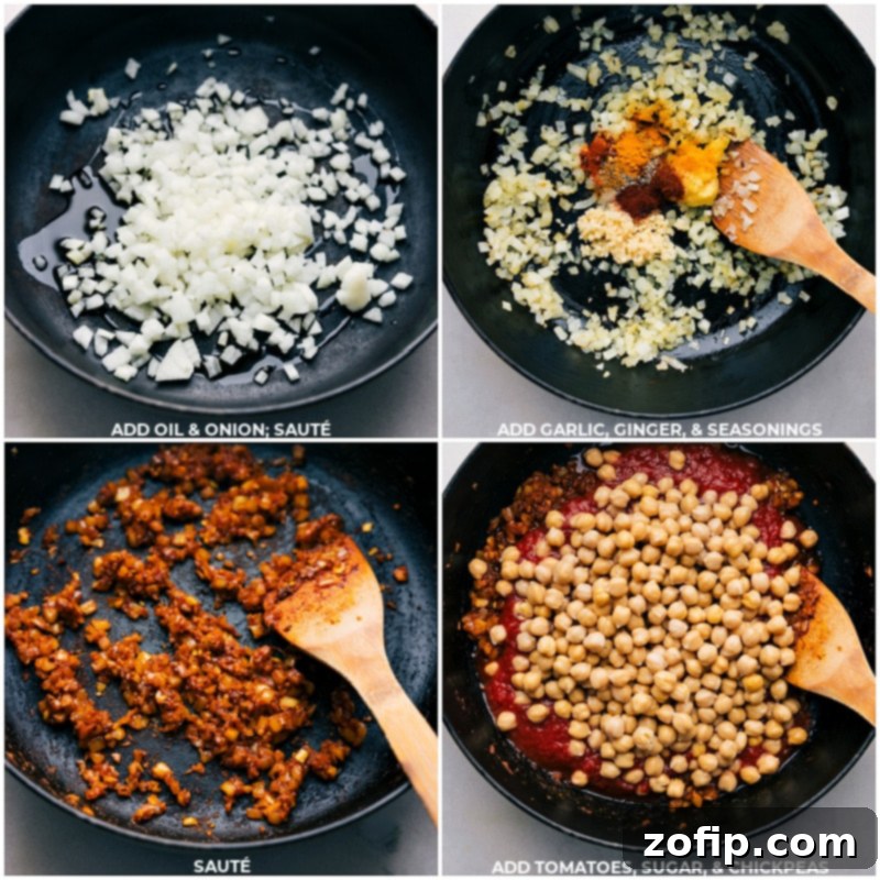 Process shots of Butter Chickpeas showing onions, garlic, ginger, seasonings, tomatoes, sugar, and chickpeas being added to a pot