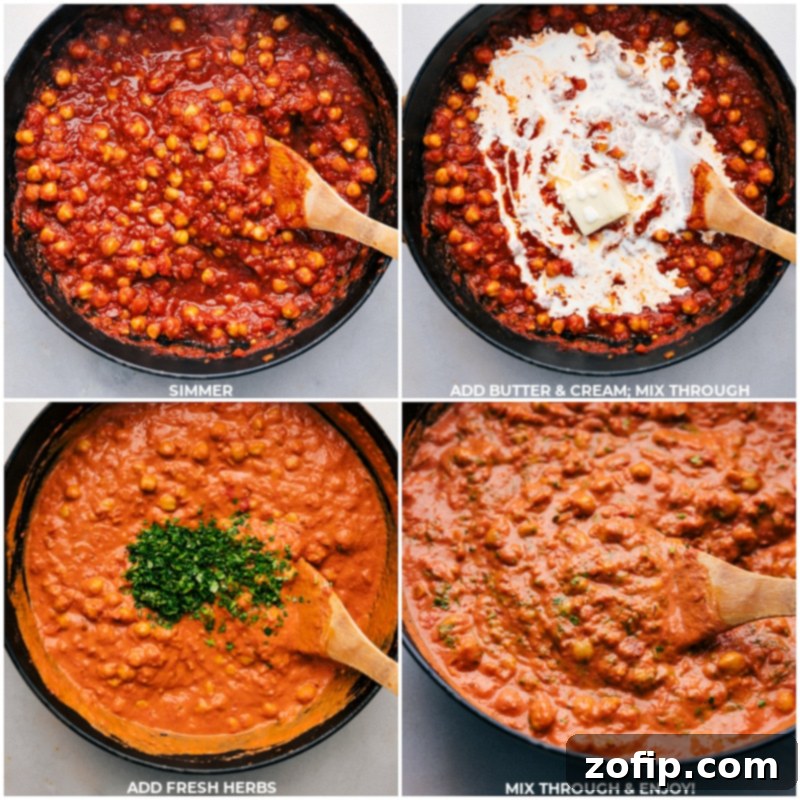 Close-up process shots showing butter, cream, and fresh herbs being stirred into the Butter Chickpeas in the pot