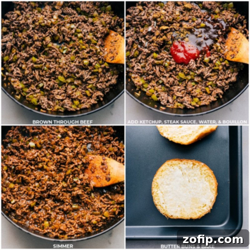 Process shots showing the addition of ketchup, steak sauce, water, and beef bouillon to the cooked ground beef and vegetables, followed by buttered brioche buns browning in the oven for Philly Cheesesteak Sloppy Joes.